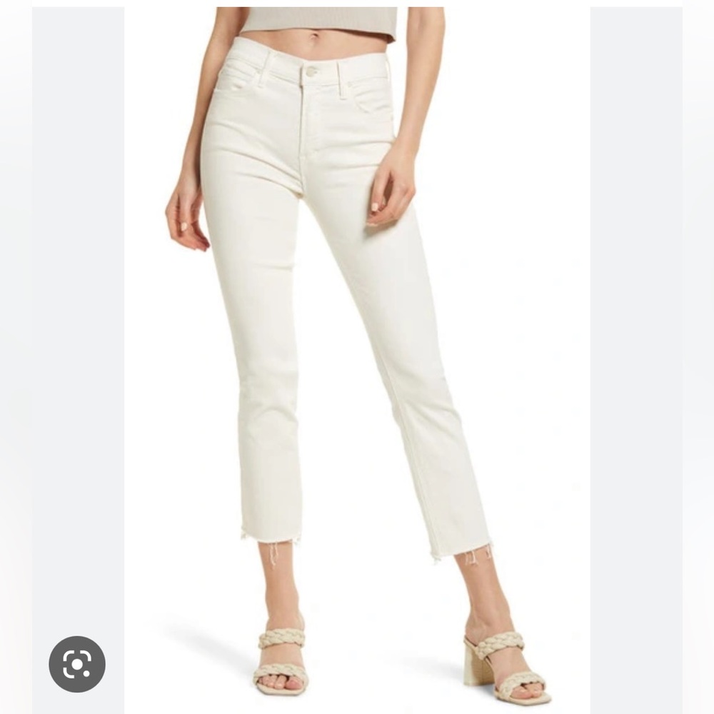 Mother mid rise dazzler crop fray in color cream puff.